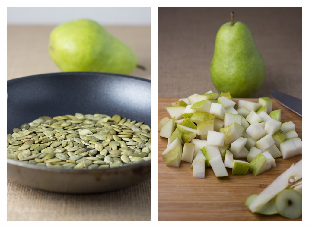 Toasted pumpkin seeds and diced pear