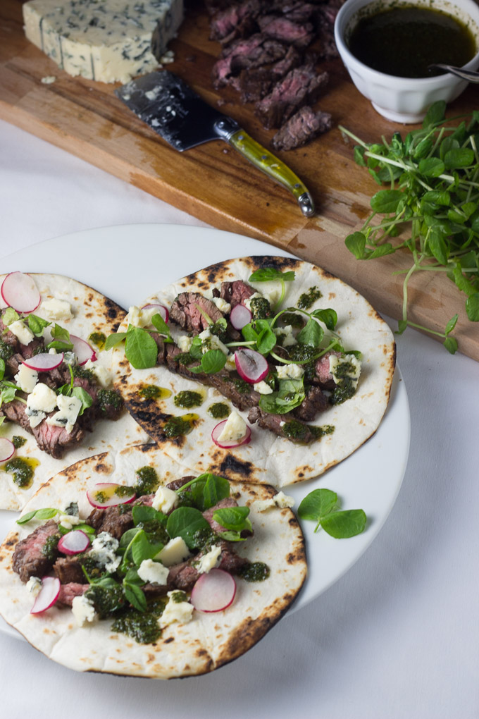 Balsamic Skirt Steak Tacos with Blue Cheese and Chimichurri-5